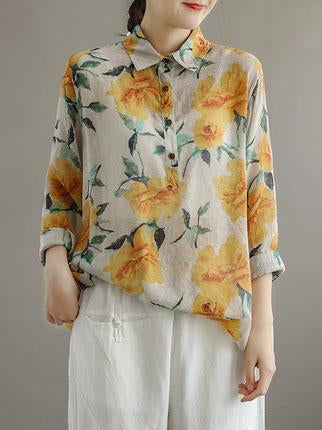 Artistic Retro Floral Lapel Shirt Blouse Tops