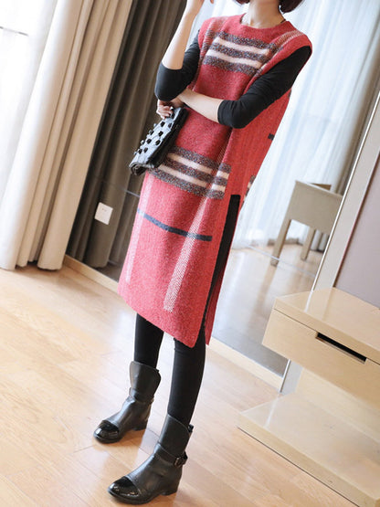 Artistic Retro Striped Split-Side Round-Neck Sleeveless Knitted Vest