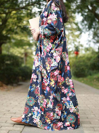 Autumn Loose Flower Print Maxi Dress