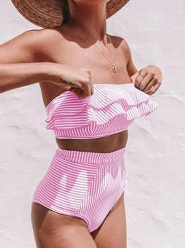 Falbala Tiered  Striped Bandeau Split Bikini Swimsuit