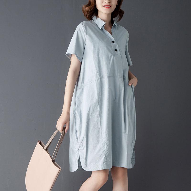 Casual Polo Collar Short Sleeve Knee Length Blue Dress