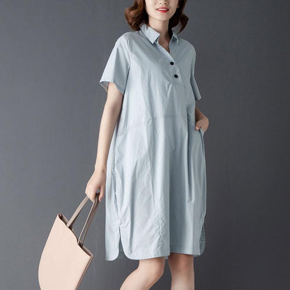 Casual Polo Collar Short Sleeve Knee Length Blue Dress