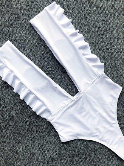 Deep-neck Ruffled Plain One-piece Swimsuit