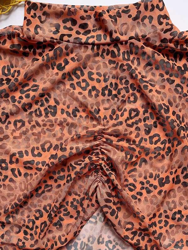 Leopard Print Net Yarn Long Sleeve Three-Piece Bikini Swimsuit