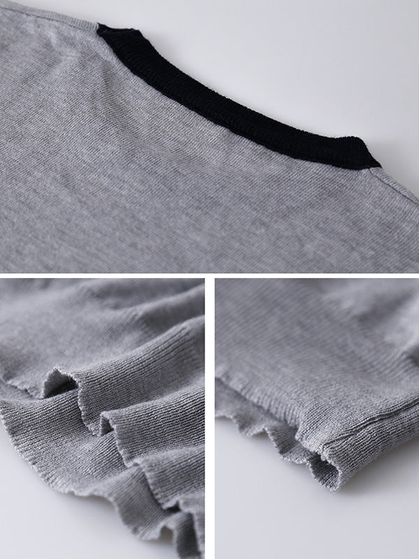 Casual Knitting Round-Neck Contrast Color T-Shirts Tops