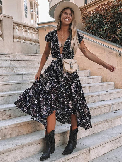 Asymmetric Deep V-neck Bohemia Maxi Dress