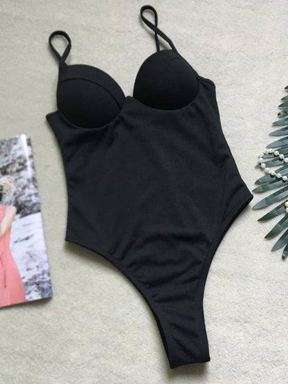 Plain Ribbed One-piece Swimwear