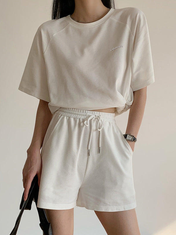 Casual Drawstring Elasticity Waist Solid Wide-Leg Shorts