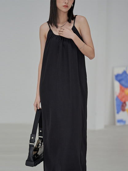 Leisure Fashion Loose Solid Color Pleated Spaghetti-Neck Midi Dress