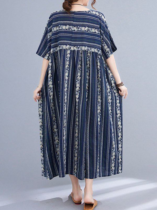 Vintage Striped Printed Round-Neck Short Sleeves Midi Dress