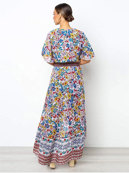 Printed Flared Sleeve Bohemian Flowers Maxi Dress