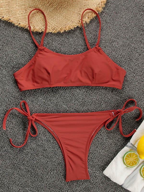 Solid Color Bandage Split Bikini Swimsuit