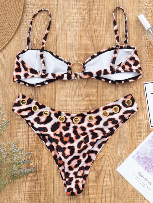 Leopard Print Hollow Split Bikini Swimsuit