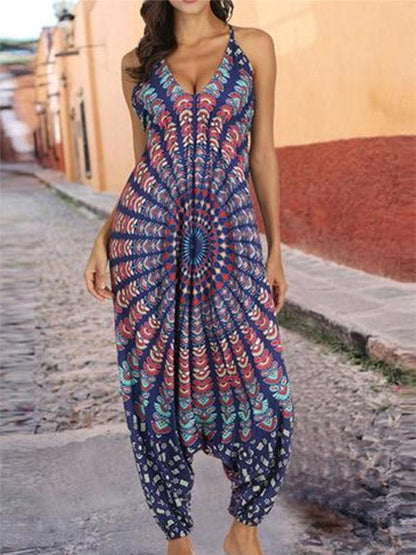 Floral Printed Spagetti-neck Loose Long Jumpsuits