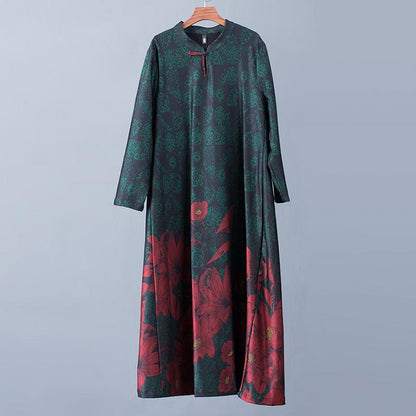 Buykud Floral Printed Casual Retro Soft Silky Dress