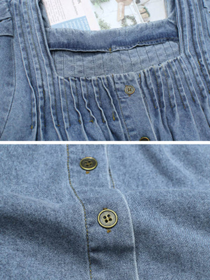 Stylish Denim Blue Pleated Square-Neck Half Sleeves H-Line Mini Dress