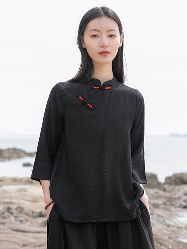 Vintage Tencel Buttoned Stand Collar High-Low Half Sleeves T-Shirt