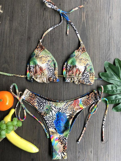 Retro Printed Bandage Split Bikini Swimsuit