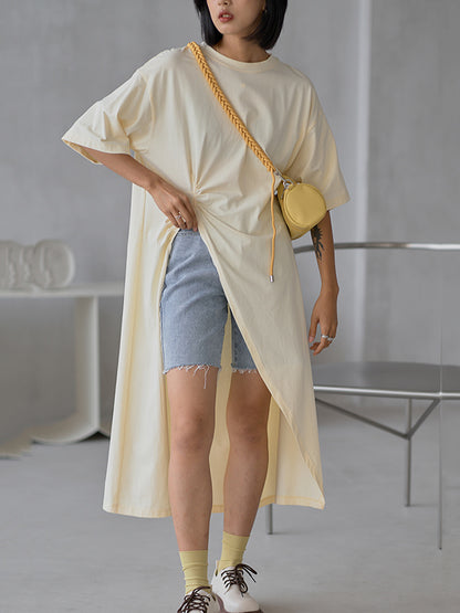 Casual Girlish Split-Side Pleated Half Sleeves Round-Neck Long T-Shirts
