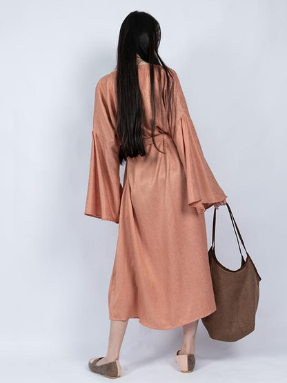 Tencel Flared Sleeves V-neck Lace-up Long Dress