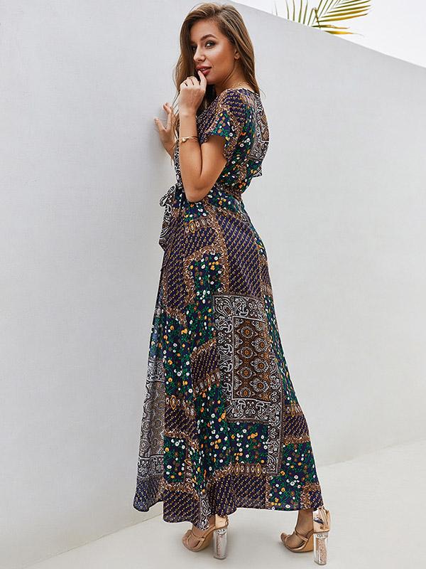 V-neck Short Sleeve Bohemian Dress