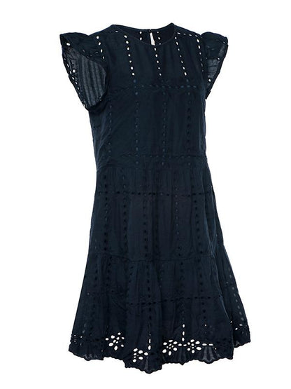 Solid Color Round Neck Hollow Mini Dress