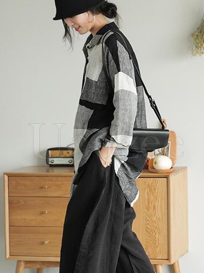 Retro Linen Plaid Long Shirt
