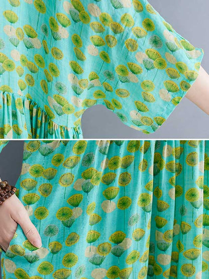 Summer Plant Printing Batwing Sleeves Split-Joint Round-Neck Long Dress