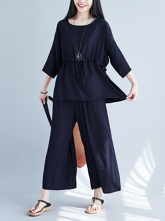 Plus Size Loose Solid Wide-leg Two-piece Suits