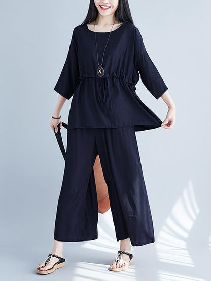 Plus Size Loose Solid Wide-leg Two-piece Suits