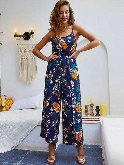 Printed Split-side Spaghetti-neck Jumpsuits
