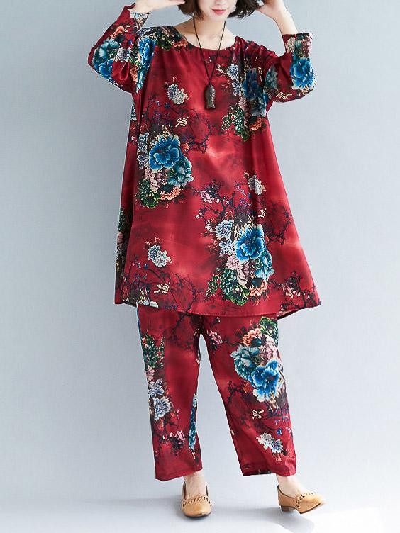 Loose Flower Print Round-neck T-shirt+Pants Suits