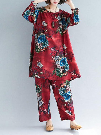 Loose Flower Print Round-neck T-shirt+Pants Suits