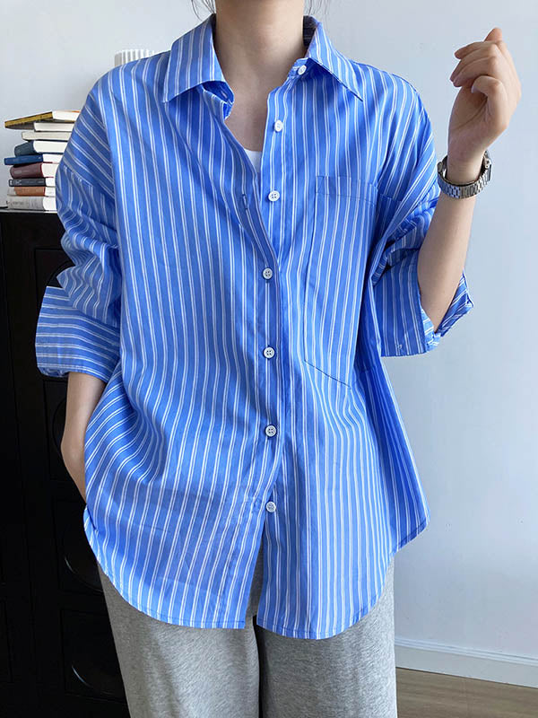 Chic Simple Striped Buttoned Split-Joint With Pocket Lapel Collar Long Sleeves Blouse