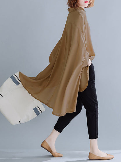 Casual Solid Color Irregular Pleated Buttoned Lapel Collar Batwing Half Sleeves Blouse