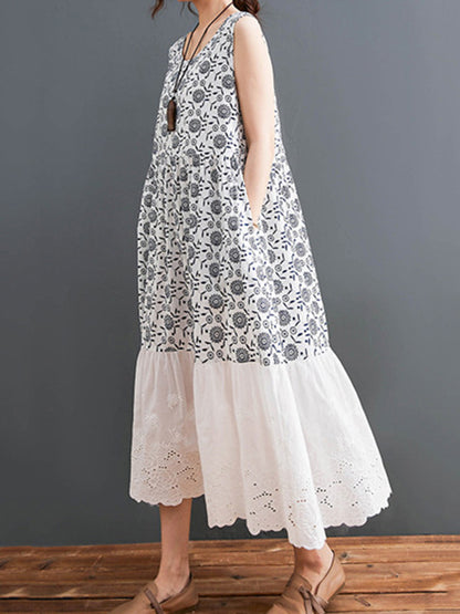 Loose Ramie Cotton National Printed Split-Joint Hollow Pleated Round-Neck Sleeveless Midi Dress
