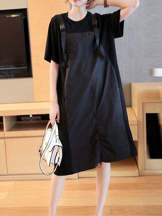 Original Casual Loose Solid Color Split-Joint Round-Neck Half Sleeves False Two Midi Dress