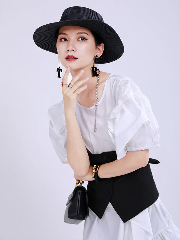 Original Irregular Solid Color Split-Joint Falbala Round-Neck Short Sleeves Midi Dress