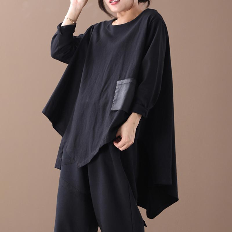 Buykud Patchwork Pocket Irregular Hem Casual Blouse