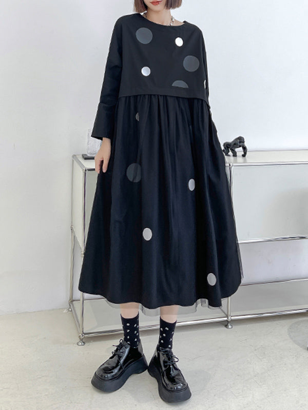 Stylish Split-Joint Pleated Polka-Dot Round-Neck Long Sleeves Midi Dress