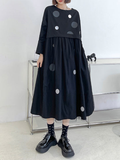 Stylish Split-Joint Pleated Polka-Dot Round-Neck Long Sleeves Midi Dress
