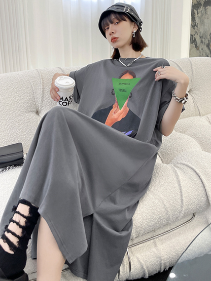 Casual Solid Color Printed Split-Side Short Sleeves H-Line Midi Dress
