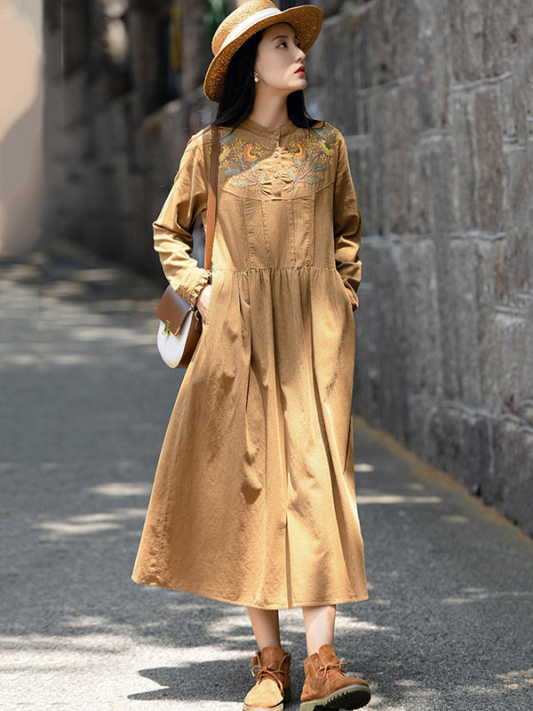 Vintage A-Line Loose Embroidered Stand Collar Midi Dresses