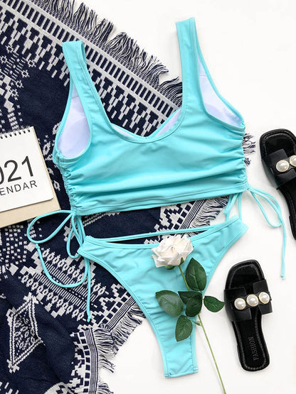 Solid Color Drawstring U-Neck Bikini Swimwear