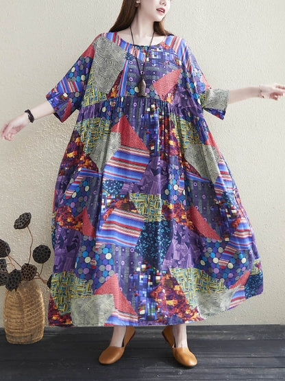 Loose Floral Printed Pleated Round-Neck Half Sleeves Midi Dress
