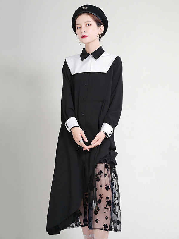 Original Irregular Split-Joint Buttoned Tied Lapel Collar Long Sleeves Midi Dress