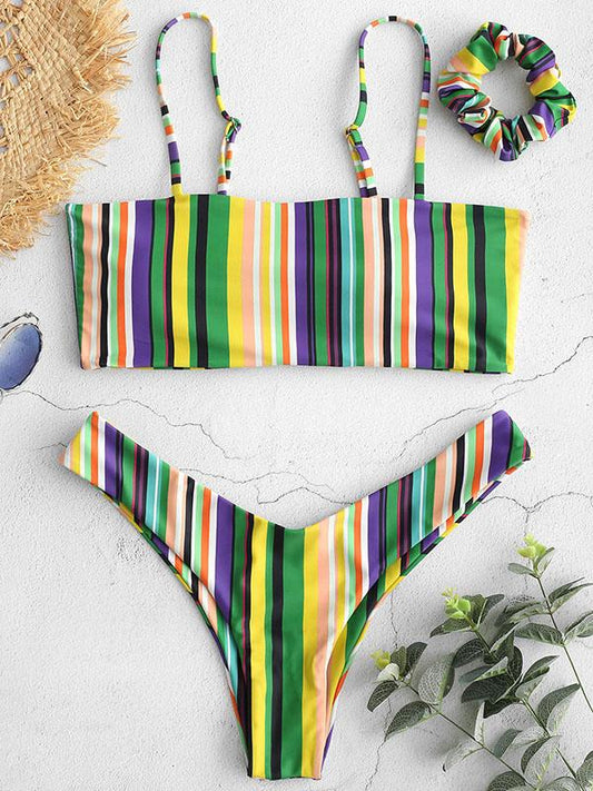 High Cut Stripes Bandeau Bikinis Swimwear