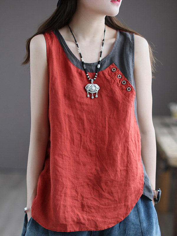 Leisure Split-Joint Linen Contrast Color Round-Neck Vest