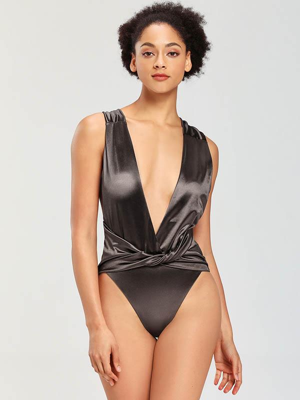 Wet Look Gathered Split Bikini Swimsuit