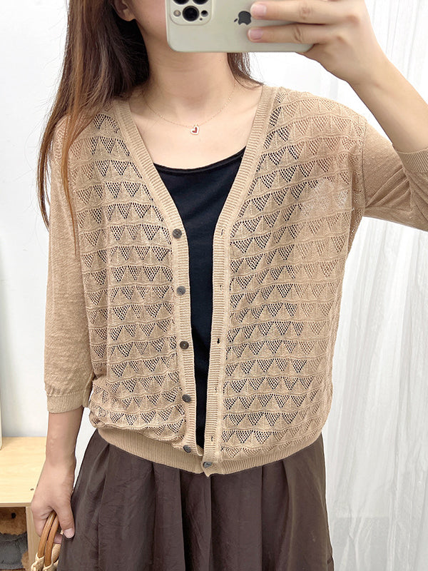 Loose Solid Color Linen Hollow Knitting Cardigan Top
